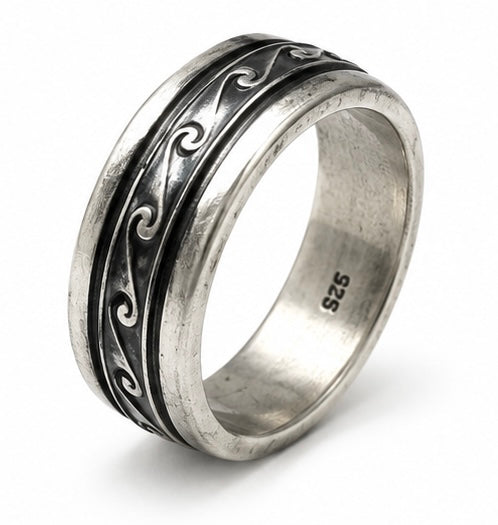 Vintage 925 Oxidized Sterling Silver Wave Pattern Spinner Band Ring