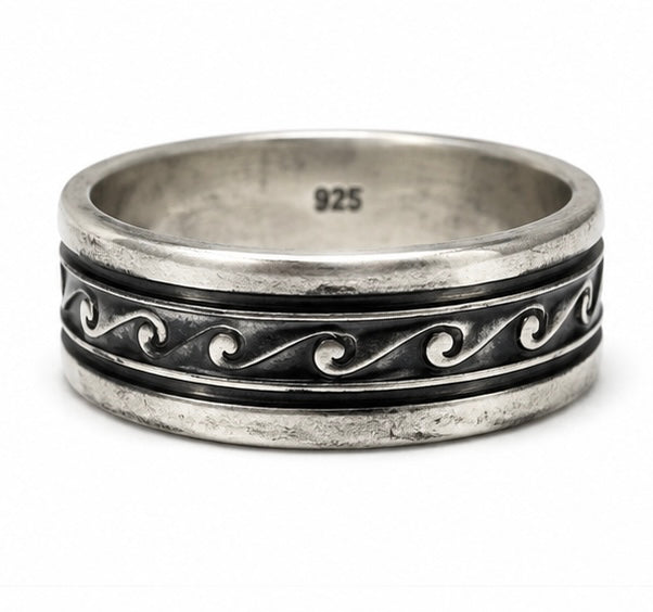 Vintage 925 Oxidized Sterling Silver Wave Pattern Spinner Band Ring