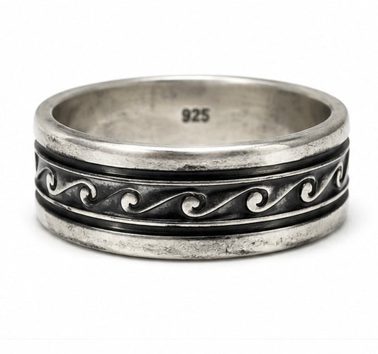 Vintage 925 Oxidized Sterling Silver Wave Pattern Spinner Band Ring