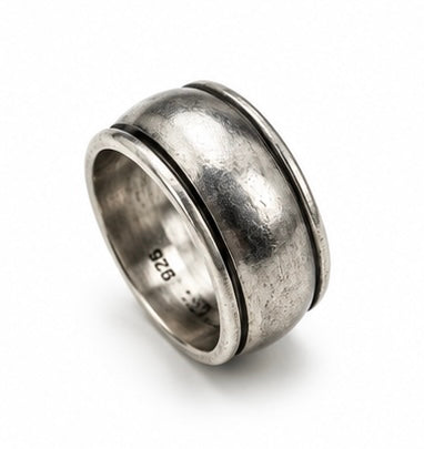Vintage Mexico 925 Silver Wide Plain Pattern Center Spinner Band Ring