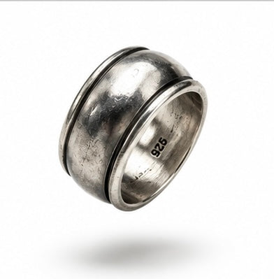 Vintage Mexico 925 Silver Wide Plain Pattern Center Spinner Band Ring